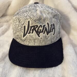 Vintage Virginia Hat Cap Snap Back Mens One Size Map Print Corduroy Brim 90s USA